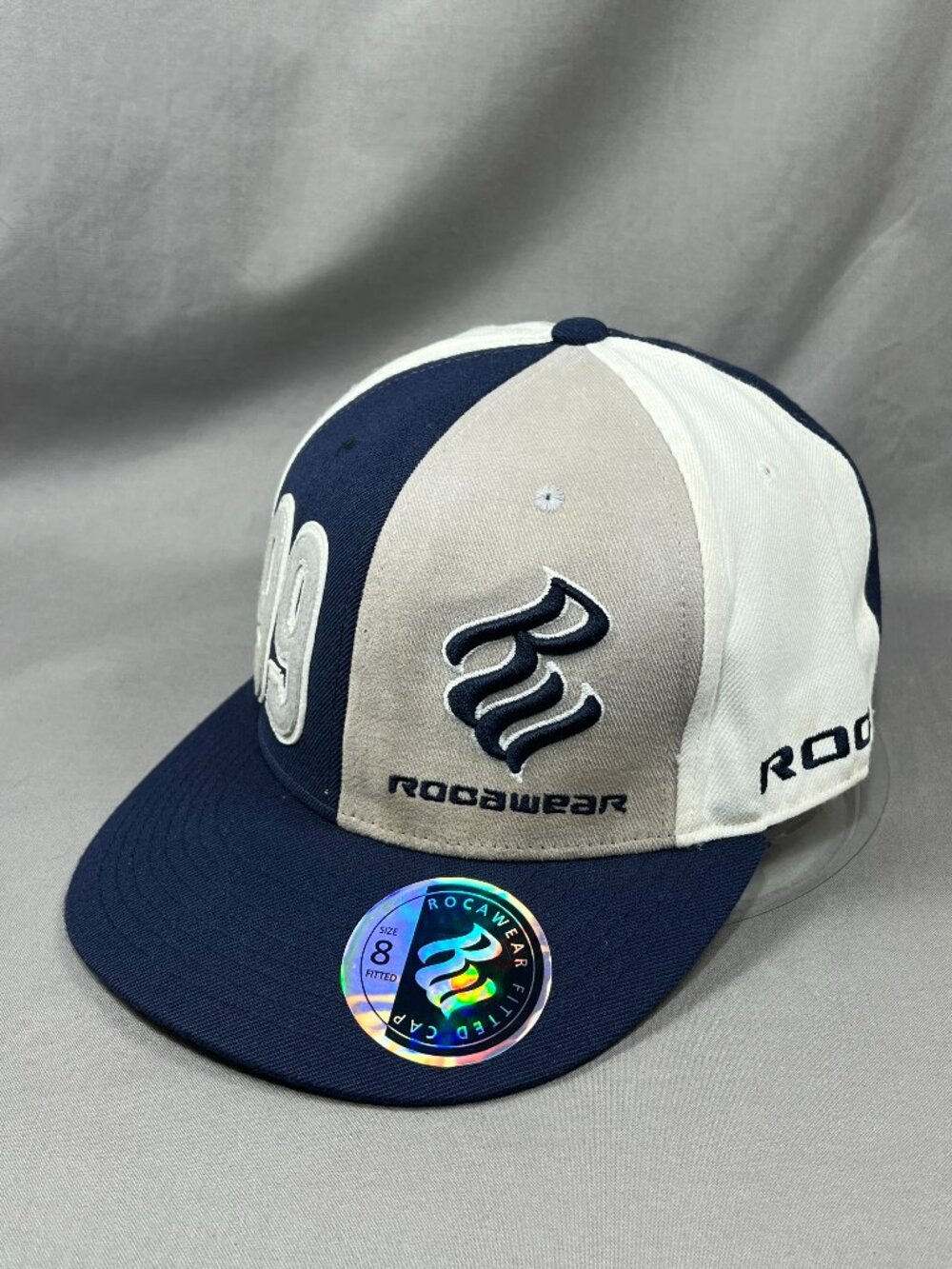 Vtg Rocawear 99 Jay Z Fitted 8 Hat Navy Blue Gray Pinwheel Streetwear RW Cap Y2K